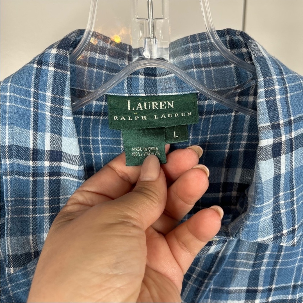 Lauren Ralph Lauren Roll Tab 100% Linen Plaid Button Front Shirt Large - Picture 2 of 7